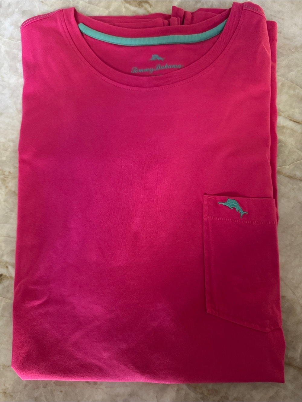 Tommy Bahama Hot Pink Tee with Aqua Dolphin Accent